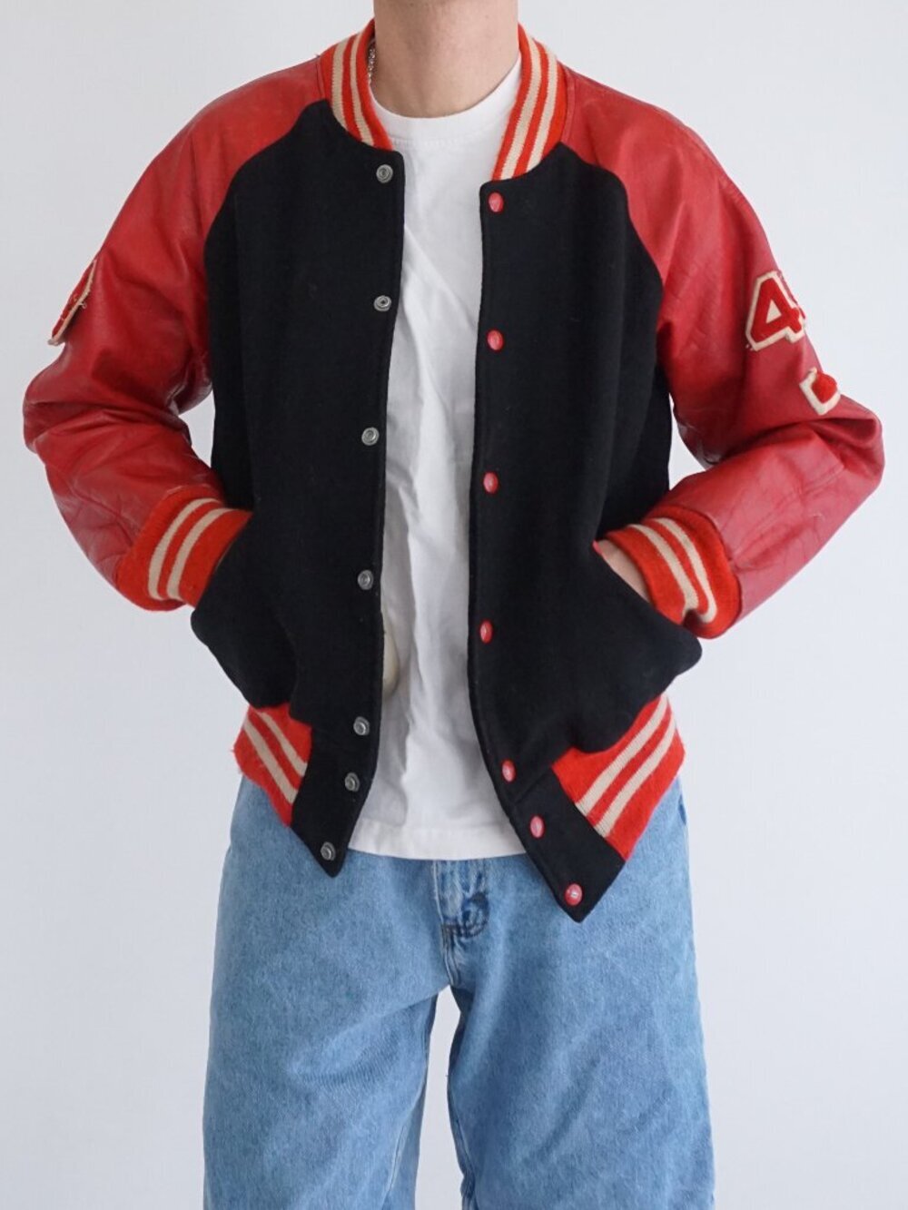 1060's Speedline Black Red Letter Patch Athletic College Snap Button Jacket M